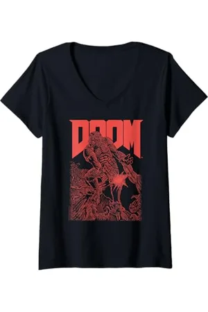 DOOM Femme Red Sketched Cover Art Retro Video Game T-Shirt avec Col en V
