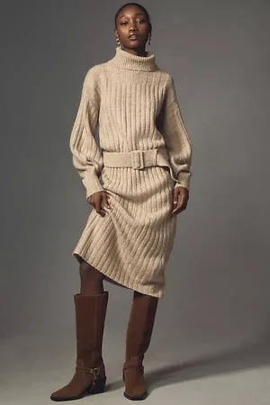 Anthropologie Robe Pull Mi-Longue à Col Roulé et Ceinture Manches Longues en