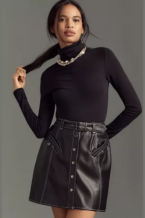 Maeve Faux-Leather Button-Front Belted Mini Skirt en