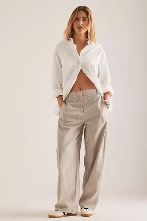 Anthropologie Aiden Stripe Linen-Blend Barrel Trousers