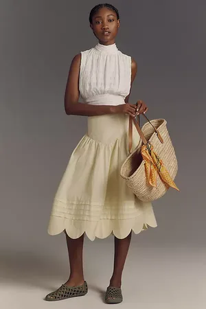 Maeve Basque-Waist Scallop-Hem Full Midi Skirt en