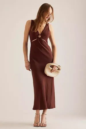Anthropologie Lola V-Neck Linen-Blend Midi Dress en