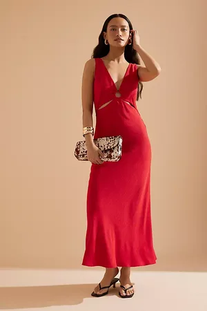Anthropologie Lola V-Neck Linen-Blend Midi Dress en