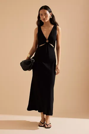 Anthropologie Lola V-Neck Linen-Blend Midi Dress en