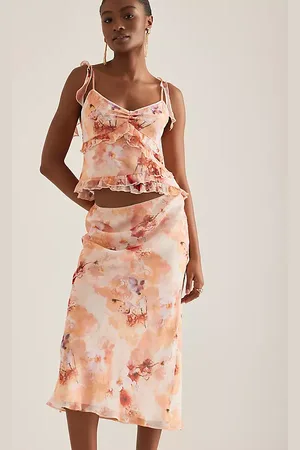 Anthropologie Jupe mi-longue en mousseline à fleurs et coupe en biais en