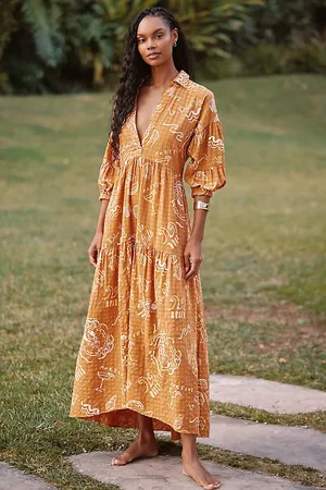 Anthropologie Robe chemise longue à étages imprimée