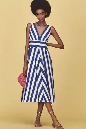 Anthropologie Robe Midi Évasée Sans Manches à Col en V