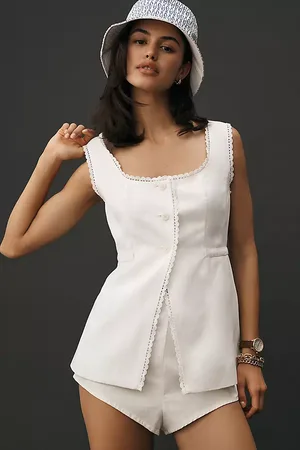 Anthropologie Gilet Long en Lin Mélangé avec Bordure en Dentelle en