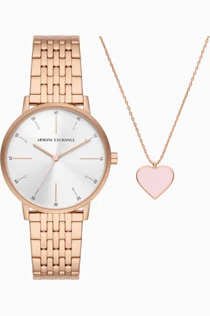 Armani Exchange Ensemble montre et collier à trois aiguilles en acier inoxydable doré rose