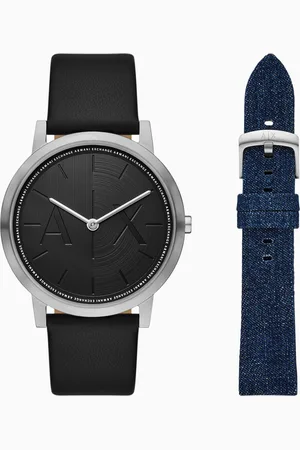 Armani Exchange Montre à deux aiguilles en cuir noir et bracelet en denim
