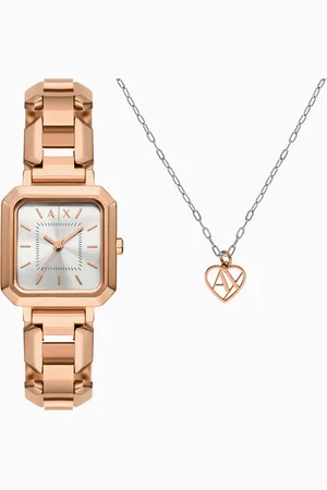 Armani Exchange Ensemble collier et montre à trois aiguilles en acier inoxydable couleur or rose