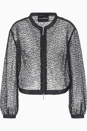 Emporio Armani Boléro zippé en tulle brodé de micro paillettes et jais all over