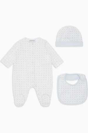 Emporio Armani Conjunto de regalo de mono, babero y gorro de punto con motivo de águilas de efecto óptico