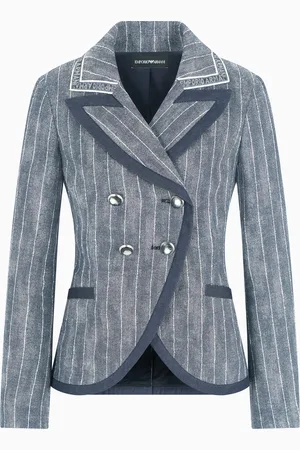 Emporio Armani Blazer croisé en denim de lin et coton mélangés à fines rayures