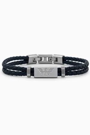Emporio Armani Bracelet en acier inoxydable et cuir noir
