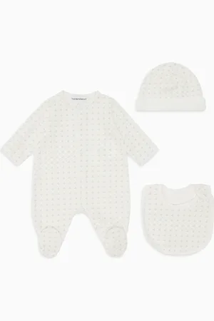 Emporio Armani Conjunto de regalo de mono, babero y gorro de punto con motivo de águilas de efecto óptico