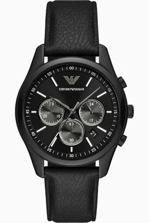Emporio Armani Montre avec chronographe en cuir noir