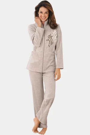 GOLDNER Ensemble de détente en velours ras avec broderie - taupe - Gr. 24 de
