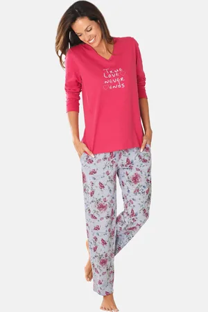 GOLDNER Pyjama en coton à manches longues - corail / gris / à motifs - Gr. 46/48 de