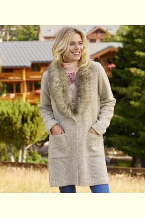 Atlas For Men Manteau Tricot à Col en Fausse Fourrure Amovible