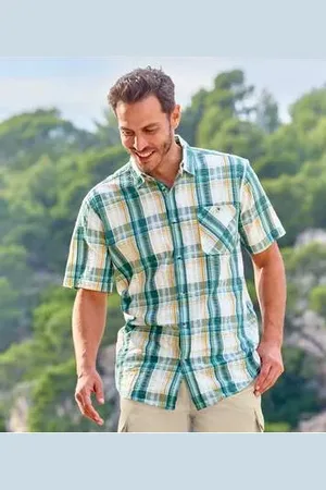 Atlas For Men Chemisette à Carreaux Vert Effet Gauffré