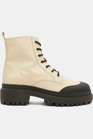 Galeries Lafayette Boots en Cuir à lacets contrastées beiges - Talon 4,5 cm