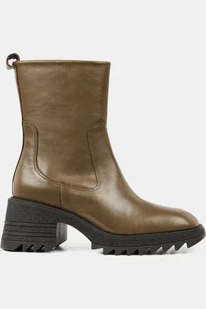 Galeries Lafayette Boots en Cuir semelle crantée vert - Talon 7 cm