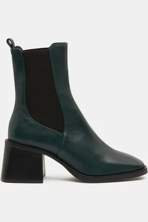 Galeries Lafayette Chelsea Boots en Cuir talon flare bout carré vertes - Talon 6 cm