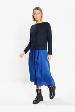 Galeries Lafayette Jupe mi-longue en Satin Roll bleue
