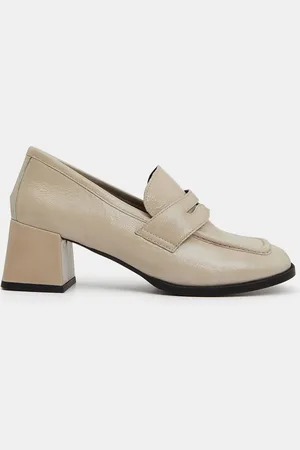 Galeries Lafayette Mocassins en Cuir talon vernis beiges - Talon 4 cm