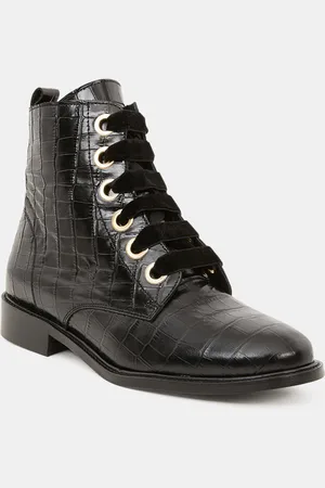 Galeries Lafayette Bottines en Cuir croco à lacets velours noires - Talon 3 cm