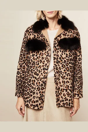 Lou Andréa OFF VRAIE FOURRURE Veste surchemise 100% Laine & col Renard Paisley léopard marron/beige