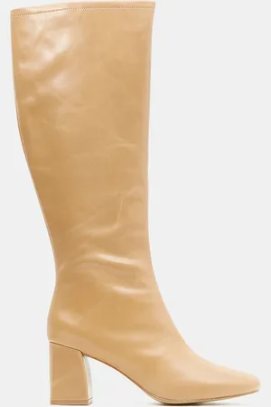 Galeries Lafayette Bottes en Cuir à bout rond beiges - Talon 7,5 cm