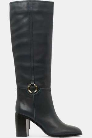 Galeries Lafayette Bottes en Cuir talon détail rond vertes - Talon 9 cm