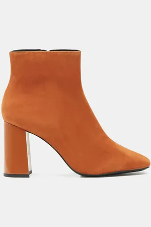 Galeries Lafayette Bottines en Cuir bi-matière à bout carré orange - Talon 9 cm