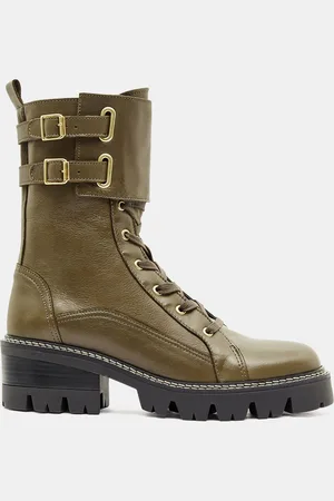Galeries Lafayette Boots en Cuir à lacets vert - Talon 5 cm