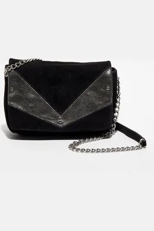 Galeries Lafayette Sac bandoulière en Velours de Cuir New Tim noir/argenté - 17x23x7 cm