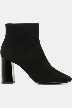 Galeries Lafayette Bottines en Cuir bi-matière à bout carré noires - Talon 9 cm