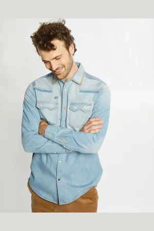 Scotch&Soda Chemise Regular Fit en Jean Western Patch bleu clair délavé