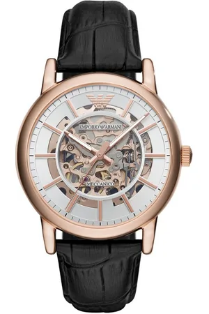 Emporio Armani Montre AR60007 - Montre Automatique Cuir Boîtier Acier Doré Rose Cadran Blanc Homme