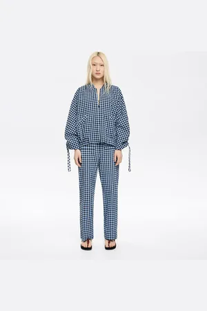 Bimba y Lola Pantalon droit texturé carreaux bleu poudré