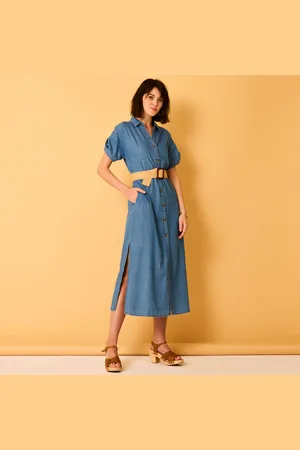 BLANCHEPORTE Robe-chemisier Longue En Jean, Manches Courtes