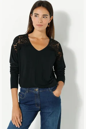 BLANCHEPORTE T-shirt Col V Manches Longues Dentelle