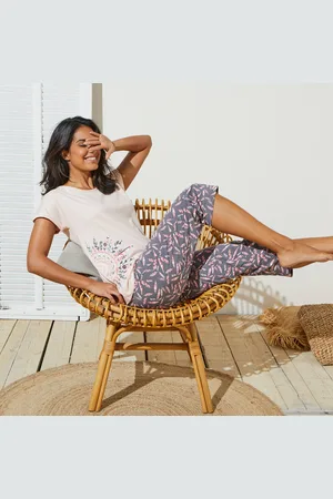 BLANCHEPORTE Pyjama Pantacourt En Jersey Imprimé Plumes Avec Pochon Assorti
