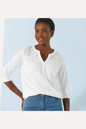 BLANCHEPORTE T-shirt Col Tunisien Manches 3/4, Broderie Anglaise