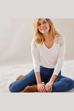 BLANCHEPORTE T-shirt Col V Manches Longues Dentelle