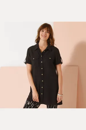 BLANCHEPORTE Tunique Longue Unie Forme Chemisier À Poches, Manches Courtes