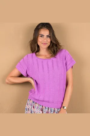 Lora Zellini Pull Col Rond Dégagé Manches Courtes, Maille Fantaisie