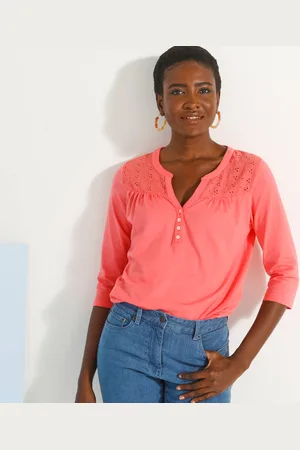 BLANCHEPORTE T-shirt Col Tunisien Manches 3/4, Broderie Anglaise