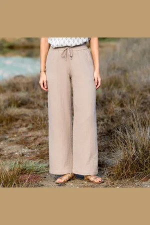 BLANCHEPORTE Pantalon Large Taille Haute, Gaze De Coton